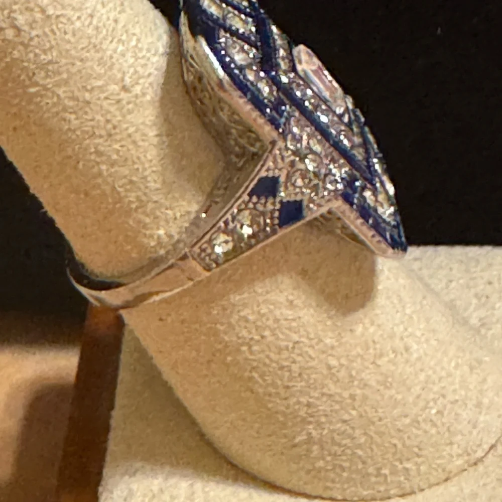 Silver tone art deco style blue enamel  & clear rhinestone ring
